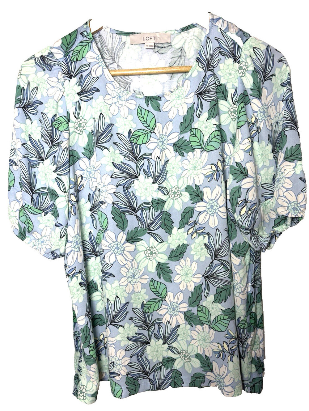 LOFT Floral Puff Sleeve Top Light Blue Green White Women's Medium M